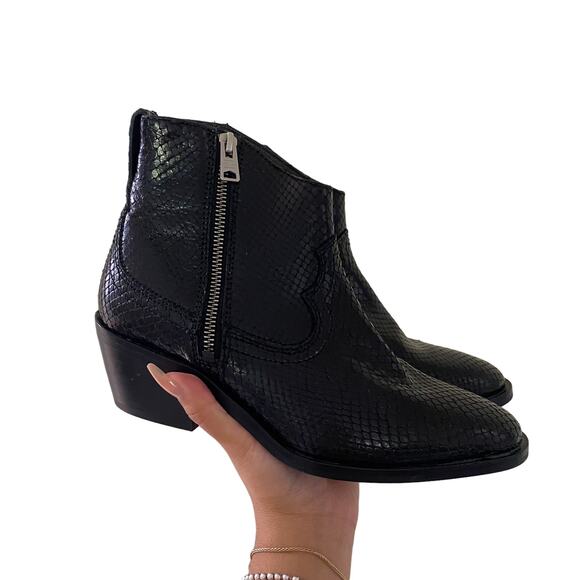 ALLSAINTS Black Carlotta Snake Print Leather Zip Booties Size 38 - Picture 1 of 8